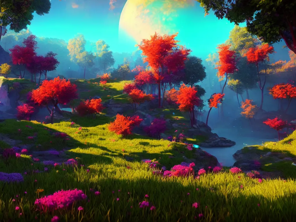 Prompt: beautiful colorful fantasy landscape, rtx, unreal engine 5, cryengine, render