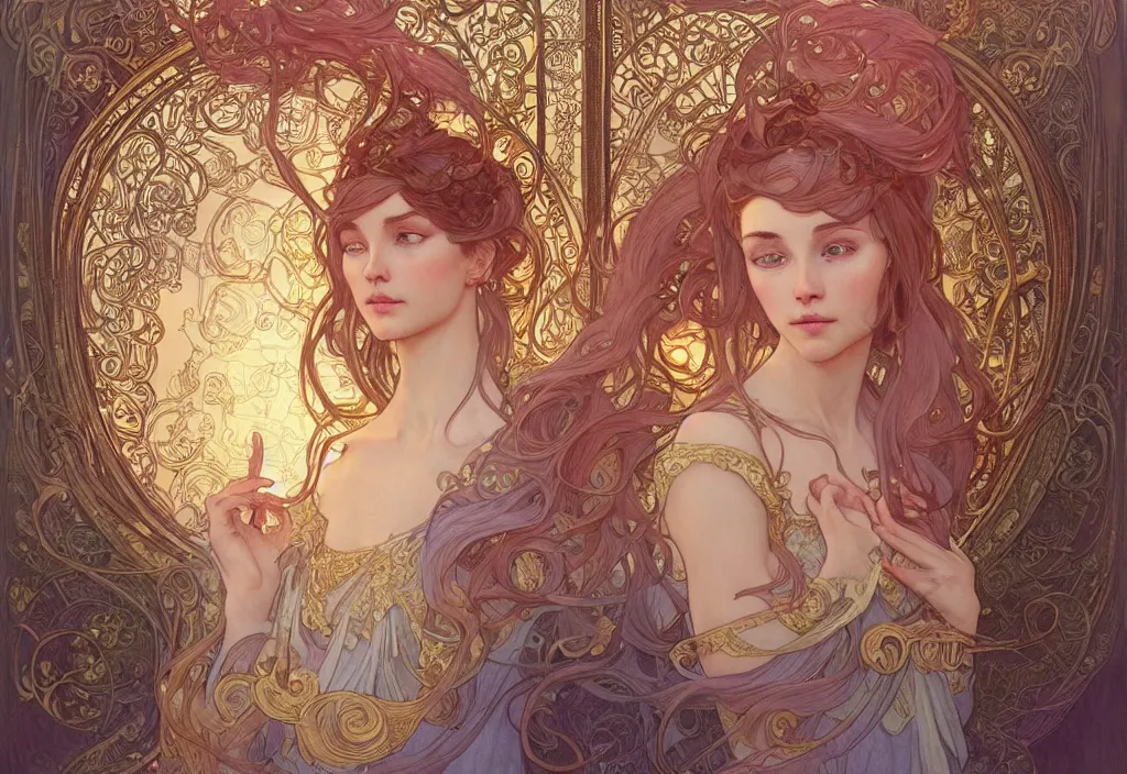 Image similar to love, highly detailed, very intricate, art nouveau, gold filigree, romantic storybook fantasy, soft cinematic lighting, award - winning, disney concept art watercolor illustration by mandy jurgens and alphonse mucha and alena aenami, pastel color palette, featured on artstation