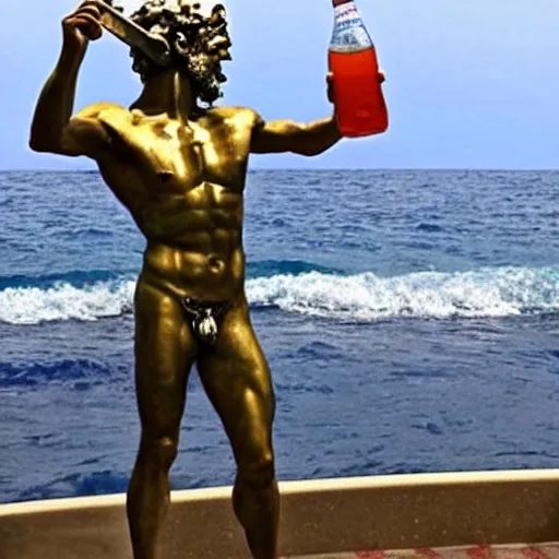 Prompt: poseidon cracking open a cold one with the boys