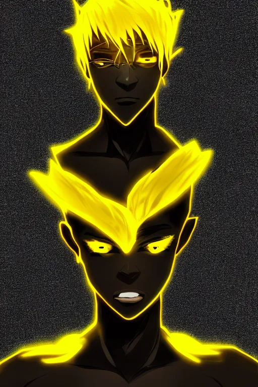 Image similar to glowing black male anime character, golden hair, yellow eyes, symmetrical, highly detailed, digital art, sharp focus, trending on art station, crazy hair, electricity everywhere, anime art style