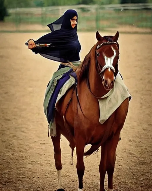 Prompt: burqa's woman, ride horse, taliban, riffle, beautiful, dynamic pose, pinterest