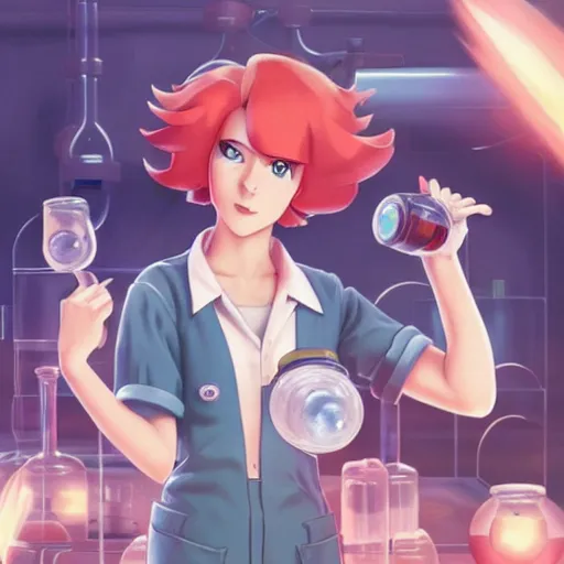 Prompt: British Pokemon original character with wild peach colored hair and heterochromia, Pixar style, beautiful woman, scientist, standing in a lab in front of a giant containment liquid filled tank, by Tristan Eaton Stanley Artgerm and Tom Bagshaw, Makoto Shinkai ilya kuvshinov and Wojtek Fus