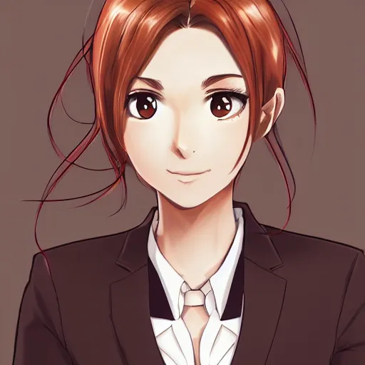 Image similar to woman in business suit, brown neat hair, animesque, pixiv, fanbox, trending on artstation, digital art, portrait, modern, sleek, highly detailed, formal, serious, determined, competent, colorized, smooth, charming, pretty, safe for work, blank background