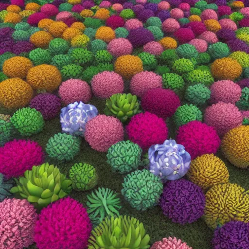 Image similar to multiverse of garden flowers, Moebius color palette, Photorealistic Octane render