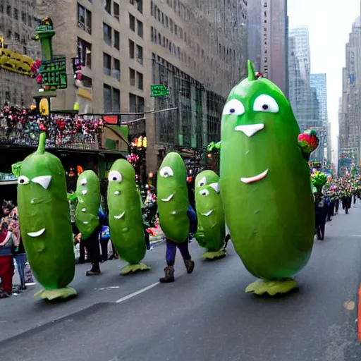 Image similar to a parade of stuffed pickle ricks marching down 5 th ave manhattan on st. patrick's day, 8 k, photo realistic, extremely life like