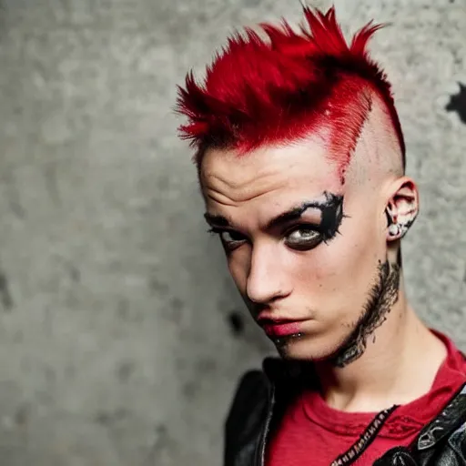 Prompt: young man with a short red dyed mohawk, red eyes and a slim face, dressed in punk clothing, punk style, headshot photo, attractive, handsome, in color, no makeup, model