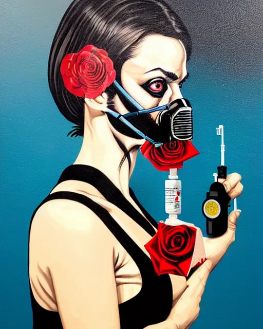 Prompt: portrait of a spy wearing oxygen mask, has blood, rose, a pistol and a syringe needle with sea background intricate details with horror side profile by Sandra Chevrier