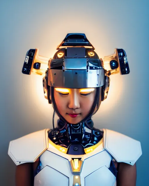 Prompt: centered medium shot fine studio photograph of a beautiful asian girl wearing only a mecha electronic samurai helmet with led lights, ultra-realistic, white background, 8k HDR sunset lit, intricate