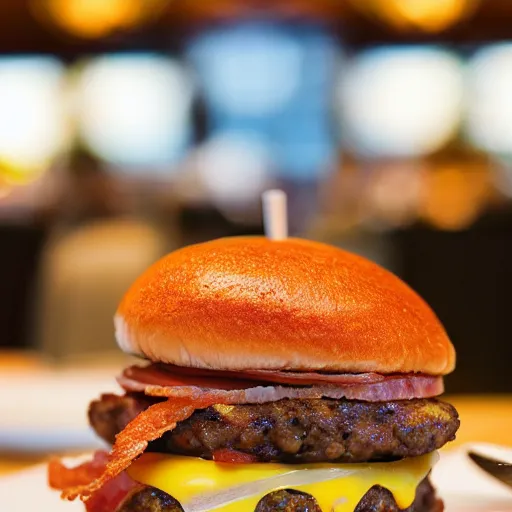 Prompt: delicate photo in restaurant menu showing bacon cheeseburger