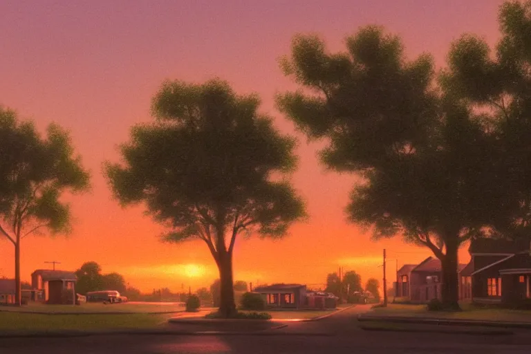 Prompt: a detailed cinematic render of a utopian 1 9 5 0 s american neighborhood at sunset by steven outram, photoreal, 4 k, technicolor