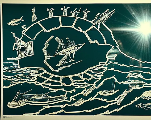 Image similar to low resolution CCTV footage of a theater stage, 1970 poster, cut out collage, La Nouvelle Vague, break of dawn on Neptun, epic theater, arctic fish, nautical maps, NY style grafitti, in style of zdzisław beksiński, composition by Addy Campbell, written by Roald Dahl, lens flare