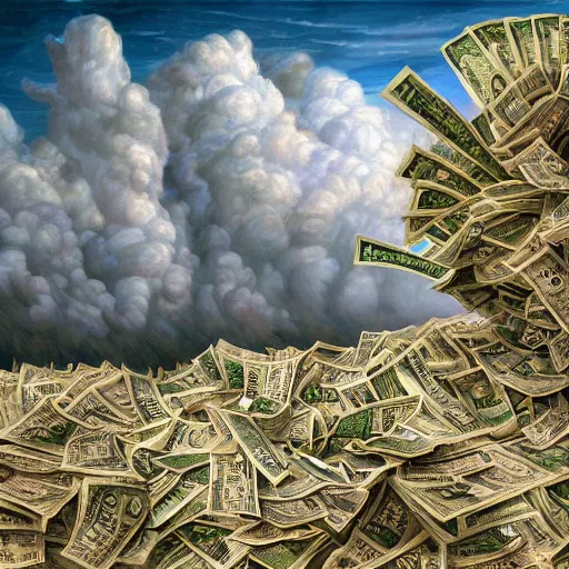 Image similar to tornado made of dollar bills, raining dollar bills, heavy winds and clouds of cash in the background, Realistic, Regal, Refined, Detailed Digital Art, Michael Cheval, Walt Disney (1937), François Boucher, Oil Painting, Steampunk, Highly Detailed, Cinematic Lighting, Unreal Engine, 8k