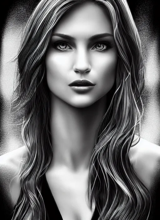 Image similar to full body portrait of a beautiful woman in black and white, photorealistic, hair down to waist, in the style of Kevin Kostic, art by diego fazio and diegoKoi and artgerm, hyper sharp focus, 8k highly detailed