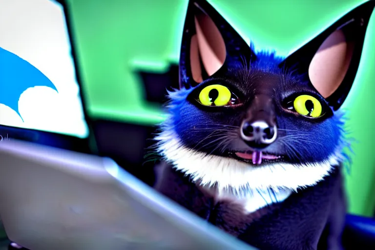 Image similar to a blue - and - black male catbat fursona with blue / green heterochromatic eyes and huge bat ears, photo of the catbat on his computer