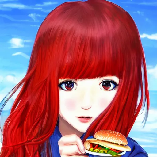 Prompt: a girl eating a hamburger, red hair, anime art, detailed, hd, smooth