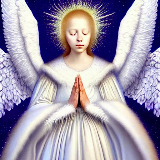 Image similar to big detailed face highdetailed hyperrealistic painting of white angel!!! no gender!!!, giant ball of miracle light from the chest!!!!!, white sparkles everywhere, 4 k hd fur face!!!, big wings, by jan van eyck, holography space, glow effect, large strokes, white monochrome color!!!!!