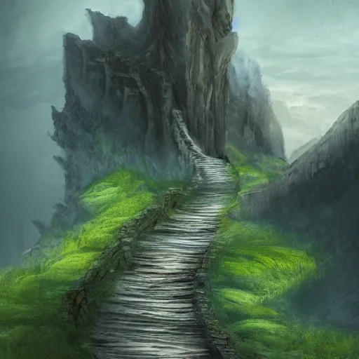 Prompt: a long winding pathway with deep cliffs on both sides, with a mysterious dark castle at the of the path, digital art, 8 k, concept art, trending on artstation