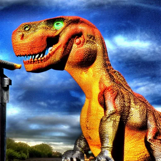 Image similar to dinosaur smoking a cigarette in their mouth realistic hdr professional shot