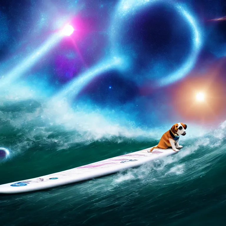 Image similar to beagle dog surfing a surfboard on a crashing l wave of alien ocean in space, background is an alien galaxy, aliens in the background, alien colors, octane render, unreal engine, wide view, 8 k, high detaild