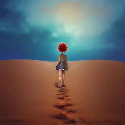 Image similar to closeup giant dahlia flower under head, a girl walking between the dunes, surreal photography, sunrise, blue sky, dramatic light, impressionist painting, digital painting, artstation, simon stalenhag