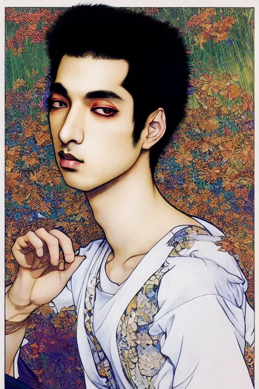 Image similar to beautiful medium shot manga portrait of mahmood inspired by ayami kojima with short hair dressed with a white t - shirt, white background white bank studio light, art by yoshitaka amano, alfons mucha, hiroaki samura, jiro matsumoto and yusuke murata, sharp focus, high quality, 8 k