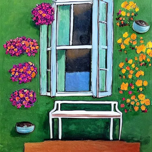 Image similar to “A painting of a pretty garden with yellow flowers in pots on a bench, a basket of flowers on the ground, a vase with more flowers, and in the centre, there's a window. On the sill is another planter with flowers and above the window is a spectacular array of hanging plants. In front of the window, propped up against the sill is an old pushbike”