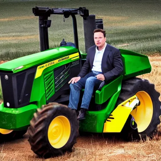 Image similar to award winning photograph, elon musk driving a john deere