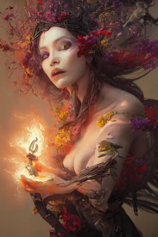 Image similar to half body closeup of beautiful girl necromancer, witch - doctor exploding into flowers, angels, 3 d render, hyper - realistic detailed portrait, holding fire and electricity, ruan jia, wlop. scifi, fantasy, magic the gathering, hyper detailed, octane render, concept art, peter mohrbacher