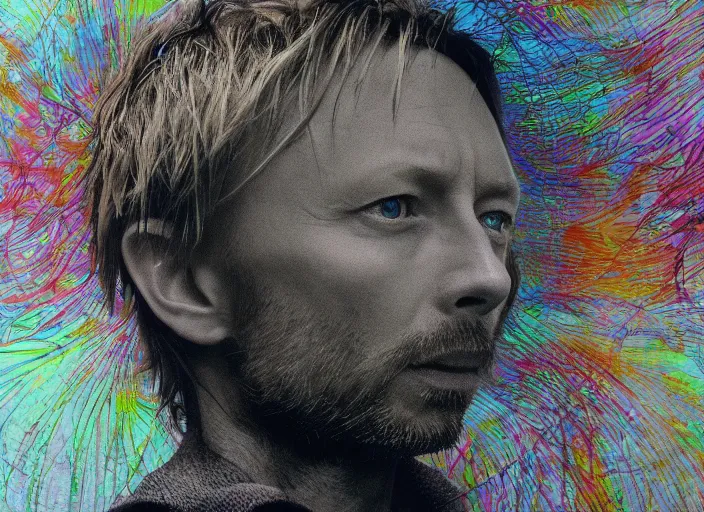 Prompt: beautiful photograph of print of thom yorke picture on a table, hyper realistic, variations of thom yorke, forest, high quality photograph, mixed styles, intricate details, diverse colors, deep emotional impact