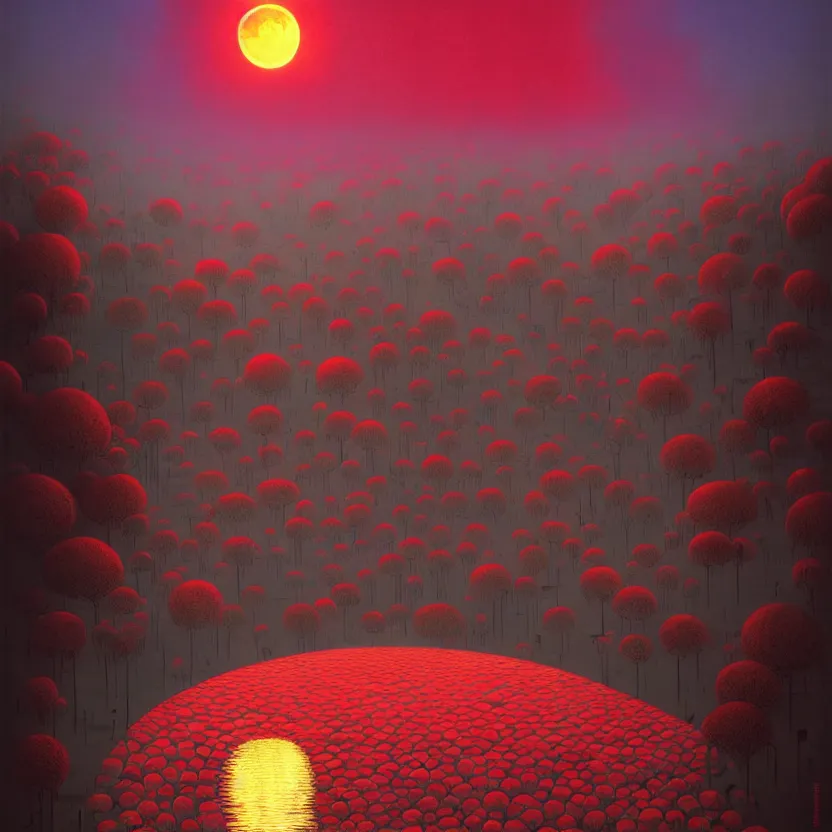 Prompt: red moon, summer morning, very coherent and colorful high contrast, art by! gediminas pranckevicius! geof darrow, pastel color, volumetric lighting, cinematic, floralpunk screen printing woodblock, dark shadows, hard lighting, stippling art