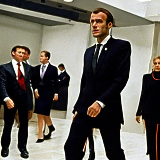 Image similar to Emmanuel Macron walking in American Psycho (1999)