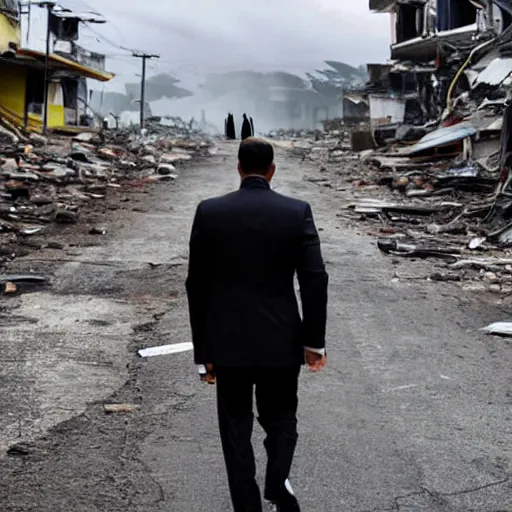 Image similar to photo of a man in a suit wearing a latex mask of a emperor penguin, at a favela, walking away from explosion, dramatic lighting