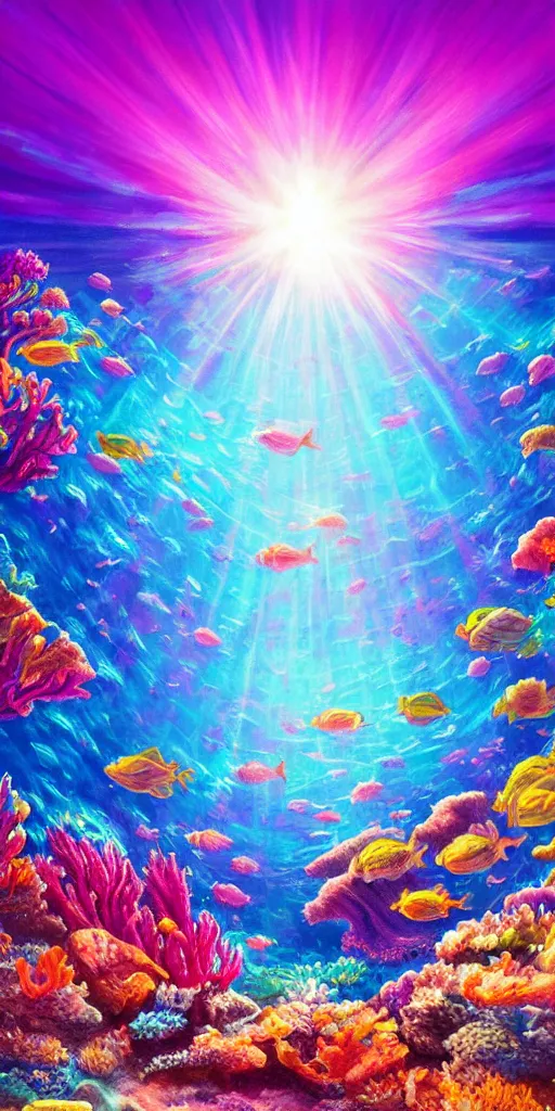 Image similar to underwater neon coral reef landscape magical realism painting with sun rays coming from above, neon pastel colors