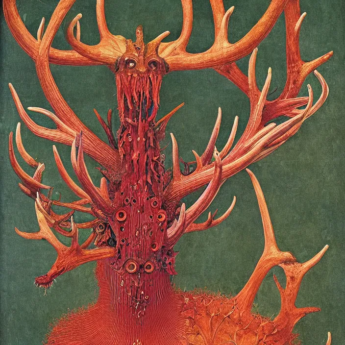 Image similar to close up portrait of a mutant monster creature with ten antlers growing in fractal forms, face in the shape of a colorful exotic carnivorous plant. by jan van eyck, walton ford