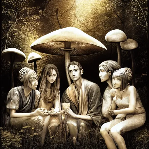 Image similar to mushroom goddess with group of elders, discussing the new season of friends, cynical realism, hiroya oku painterly, yoshitaka amano, chris cunningham, black and white, beautiful lighting, manga in the style of drummond, 3 d render, 8 k