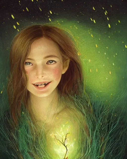 Image similar to infp girl, smiling, amazed by the lights of golden fireflies, amidst nature fully covered, long loose red hair, intricate linework, dreamy green eyes, small nose with freckles, oval shape face, realistic, expressive emotions, dramatic lights, spiritual scene, hyper realistic ultrafine art by battistello caracciolo, albert bierstadt and artgerm