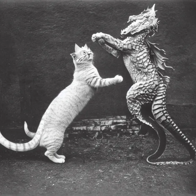 Image similar to silver gelatin photograph of a cat attacking a dragon, london 1 9 1 2