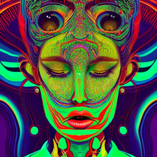 Image similar to An extremely psychedelic portrait, surreal, LSD, face, detailed, intricate, elegant, lithe, highly detailed, digital painting, artstation, concept art, smooth, sharp focus, illustration, art by Kilian Eng