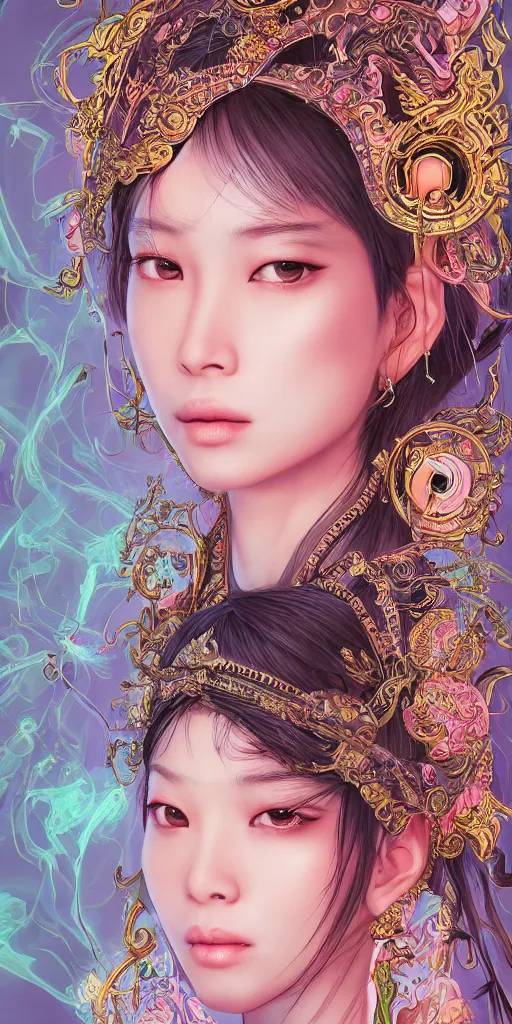 Image similar to the portrait of an absurdly beautiful, graceful, elegant, sophisticated, fashionable young asian girl with third eye in the middle of her forehead, an ultrafine hyperdetailed illustration by kim jung gi, irakli nadar, intricate linework, bright colors, final fantasy, unreal engine 5 highly rendered, global illumination, radiant light, detailed and intricate environment tubes and cables