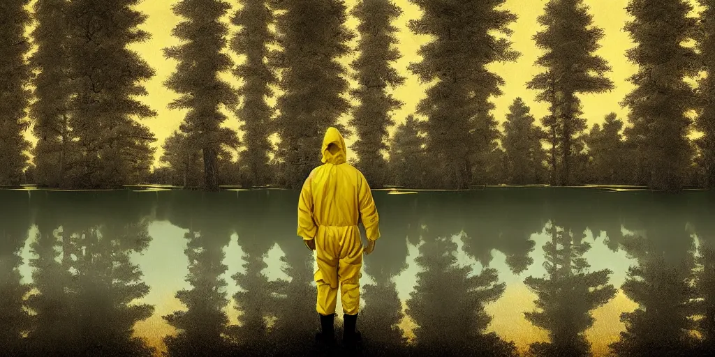 Prompt: a man in a yellow hazmat suit carries a barrel of nuclear waste and stands in a small lake with reflections in a detailed forest, painting, concept - art!!, rendering, octane, redshift, cinematic composition, volumetric lighting