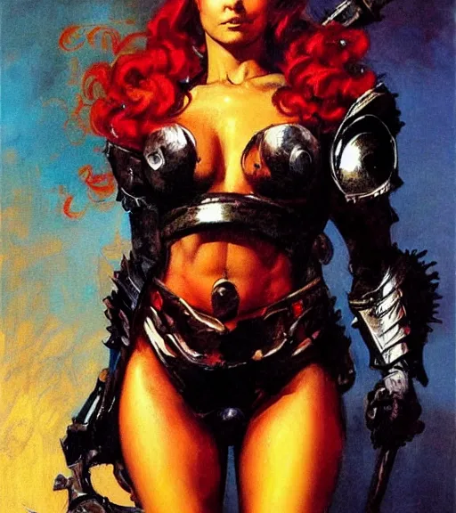 Image similar to portrait of strong female chaos angel, beautiful! coherent! by frank frazetta, by brom, strong line, vivid neon color, spiked metal armor, iron helmet maximalist