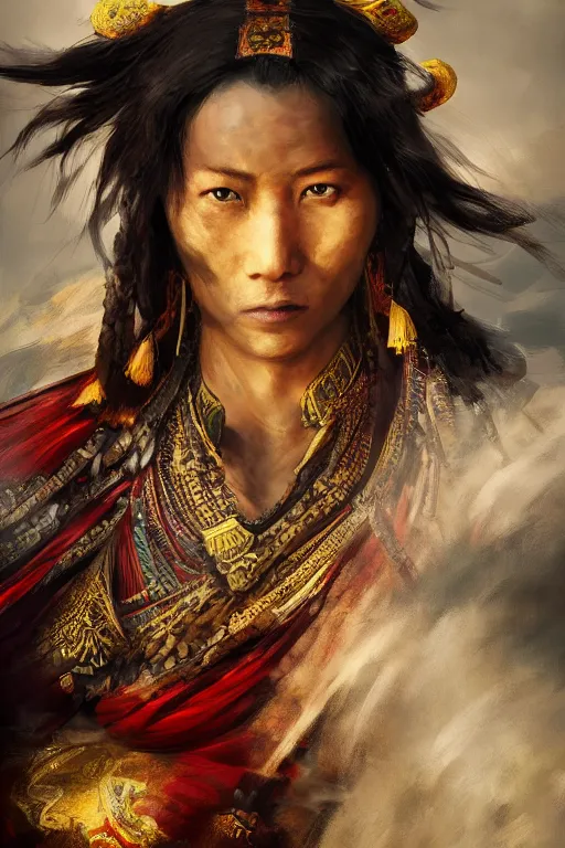 Image similar to Tibetan warrior, portrait, fierce, intricate, elegant, volumetric lighting, scenery, digital painting, highly detailed, artstation, sharp focus, illustration, concept art, ruan jia, steve mccurry