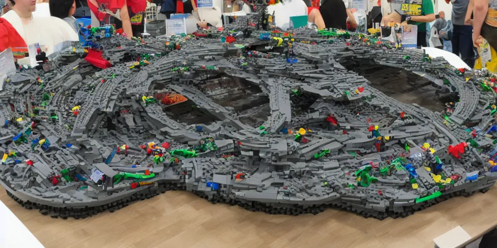 Prompt: wide shot lens photo of a very intricately detailed and epically shaped 3. 5 meter long hovercraft the nebuchadnezzar from the matrix attacked by squid sentinels lego sculpture designed by a master builder as displayed at a lego convention, low angle shot.