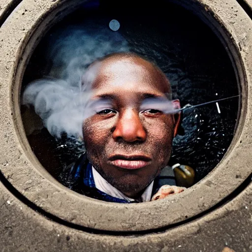 Image similar to closeup portrait of a man fishing in a manhole in a smoky new york street , by Annie Leibovitz and Steve McCurry, natural light, detailed face, CANON Eos C300, ƒ1.8, 35mm, 8K, medium-format print