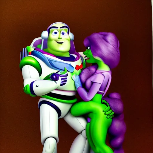 Prompt: candid photo of Buzz Lightyear licking a toad by Annie Leibowitz, Photorealistic, extremely detailed, UHD, correct faces, hyperrealistic