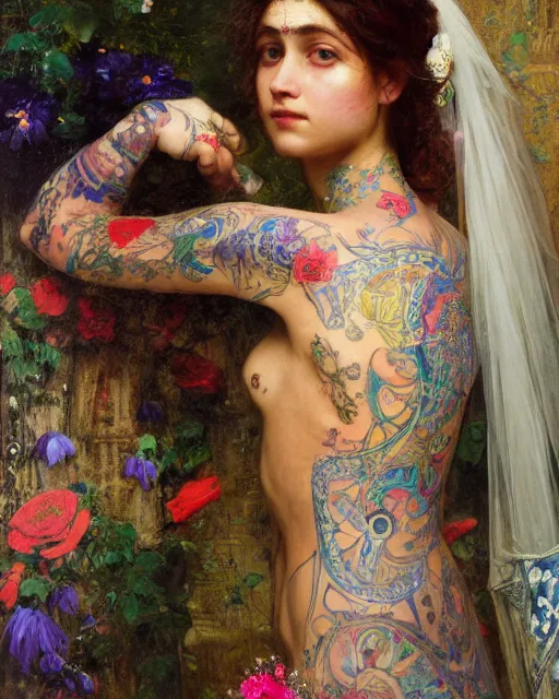 Image similar to a beautiful girl in a wedding dress with colourful tattoos surrounded by colourful flowers orientalist intricate portrait by john william waterhouse and edwin longsden long and theodore ralli and nasreddine dinet, oil on canvas. cinematic, hyper realism, dramatic lighting, high detail 8 k