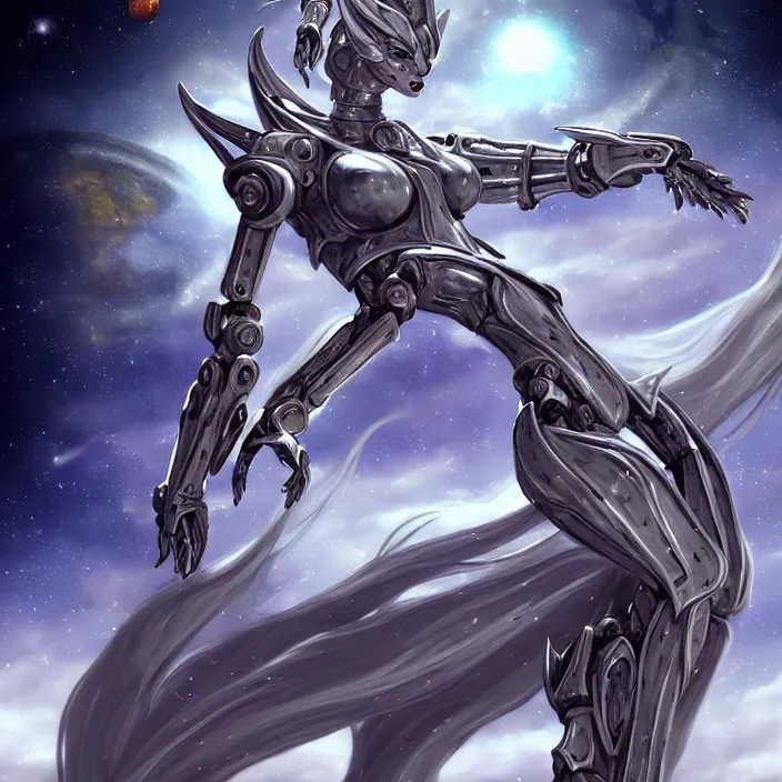 Image similar to goddess shot, galactic sized stunning beautiful anthropomorphic robot mecha female dragon, in space, larger than planets, posing elegantly, the earth a mere marble in her claws, detailed silver armor, epic proportions, epic scale, detailed digital art, ultra detailed, furry art, macro art, dragon art, giantess, warframe fanart, furaffinity, deviantart, realistic