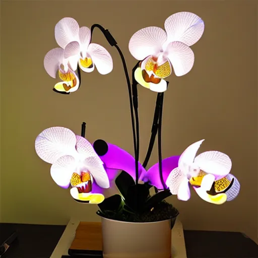 Prompt: an orchid flower, robotic, made of metal, shiny, LED lights, glowing