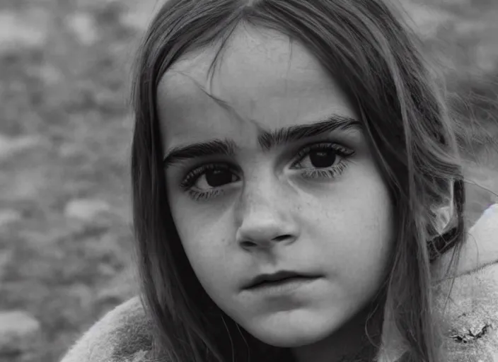 Image similar to professional fine detailed photo portrait of young emma watson from makhachkala, dagestan. kid emma watson in the postsoviet suburbia, iphone photo, instagram, black and white - - cfg _ scale 7