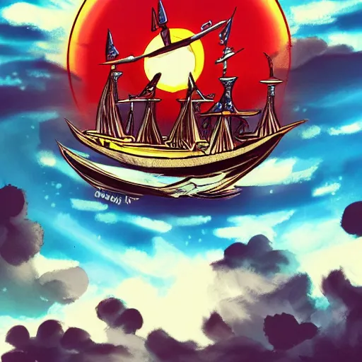 Image similar to a fantasy ship of pirates with a sun as the bow, anime style